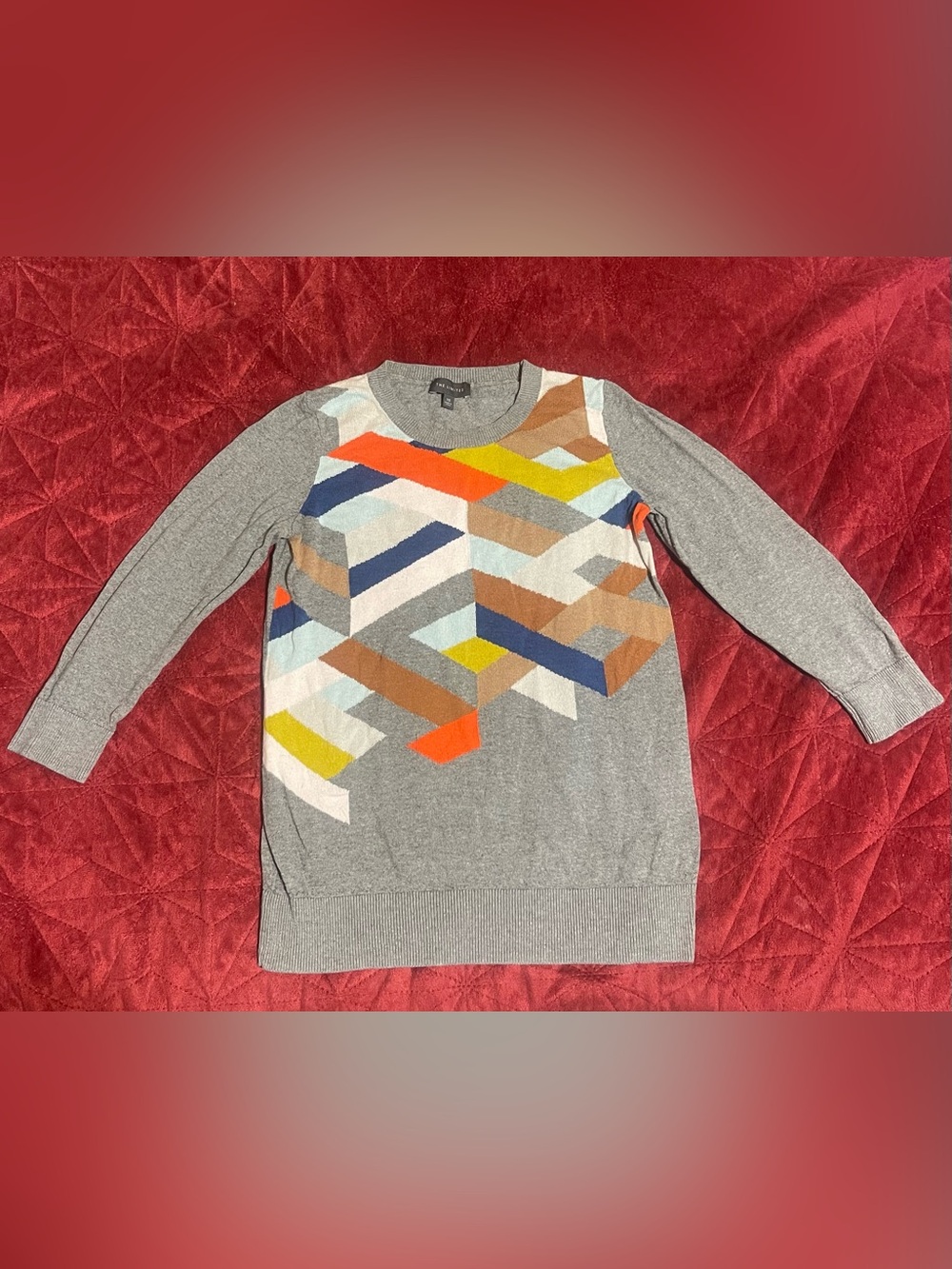 The Limited Y2K Gray Geometric Colorblock Crewneck Sweater Multi